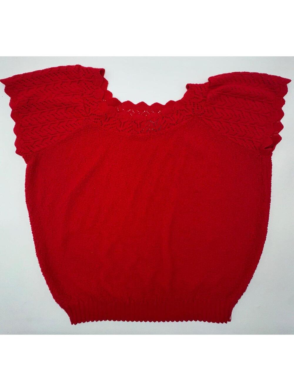 VTG Adele Red Scallop Short Sleeve Knit Sweater Size Large Holiday Cottage Core